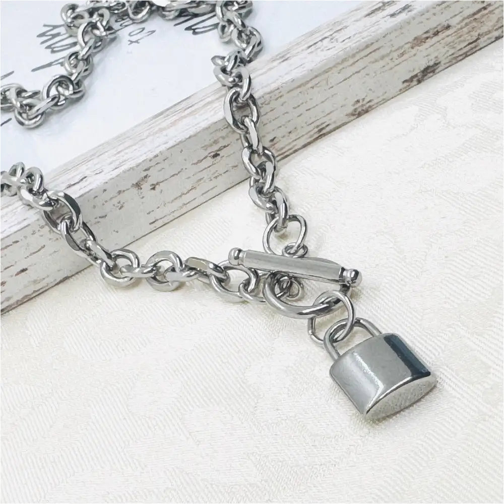 Chunky Gliederkette Silber aus Titanstahl mit Vorhängeschloss Anmarii