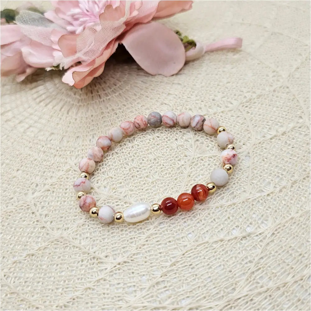 Elastik Naturstein Armband mit Süßwasserperle und Achat Edelsteinen Anmarii