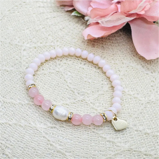 Elastik Perlenarmband rosé mit Süßwasserperle u. Rosenquarz Anmarii