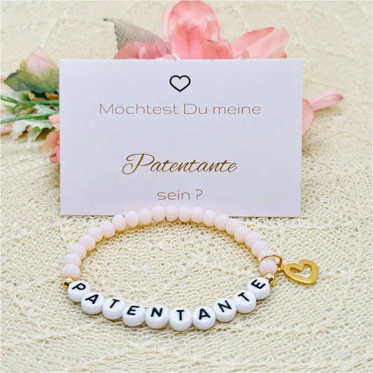 Patentante Perlenarmband mit Herz Anhänger - Armband elastisch - Taufpatin Geschenk