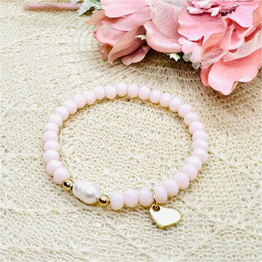 Perlenarmband rosé mit Süßwasserperle u. Herz Anhänger - Armband elastisch
