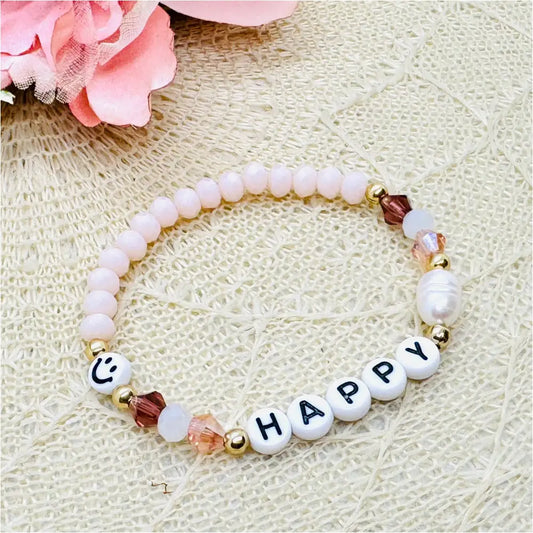 Personalisiertes Smiley Perlenarmband rosé mit Süßwasserperle - buntes Damen Armband elastisch